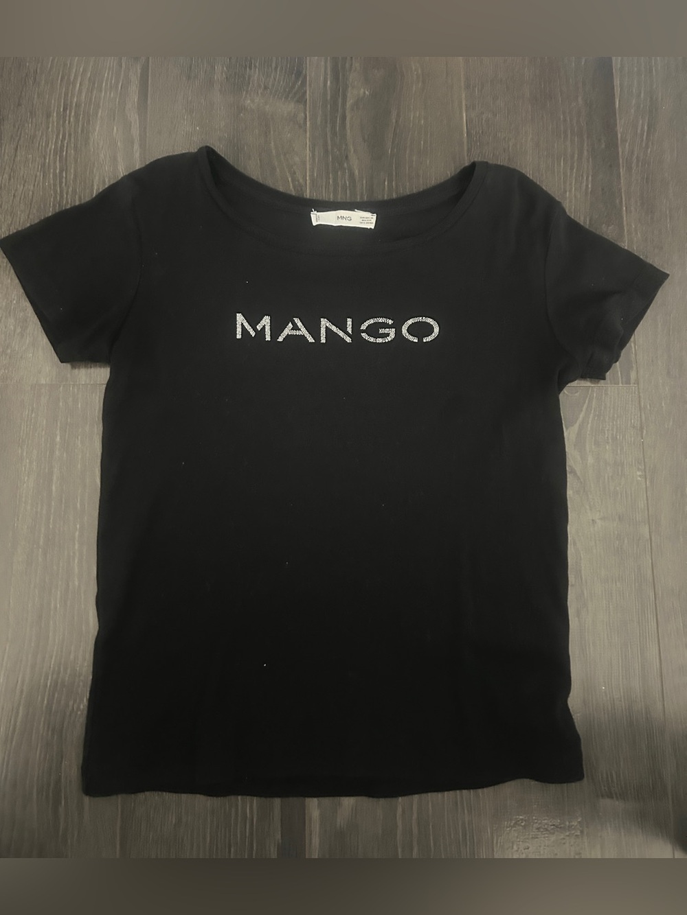 Mango MNG Women's Black Short Sleeve T-Shirt Textured Logo Graphic Tee Size XS